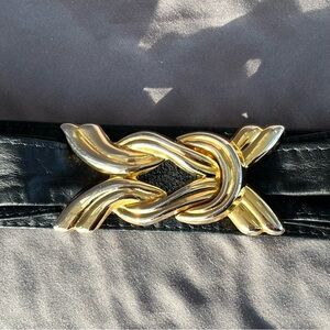 Vintage 80s PEARL Black leather Solid Brass Clip Belt, Women's adjustable S/M